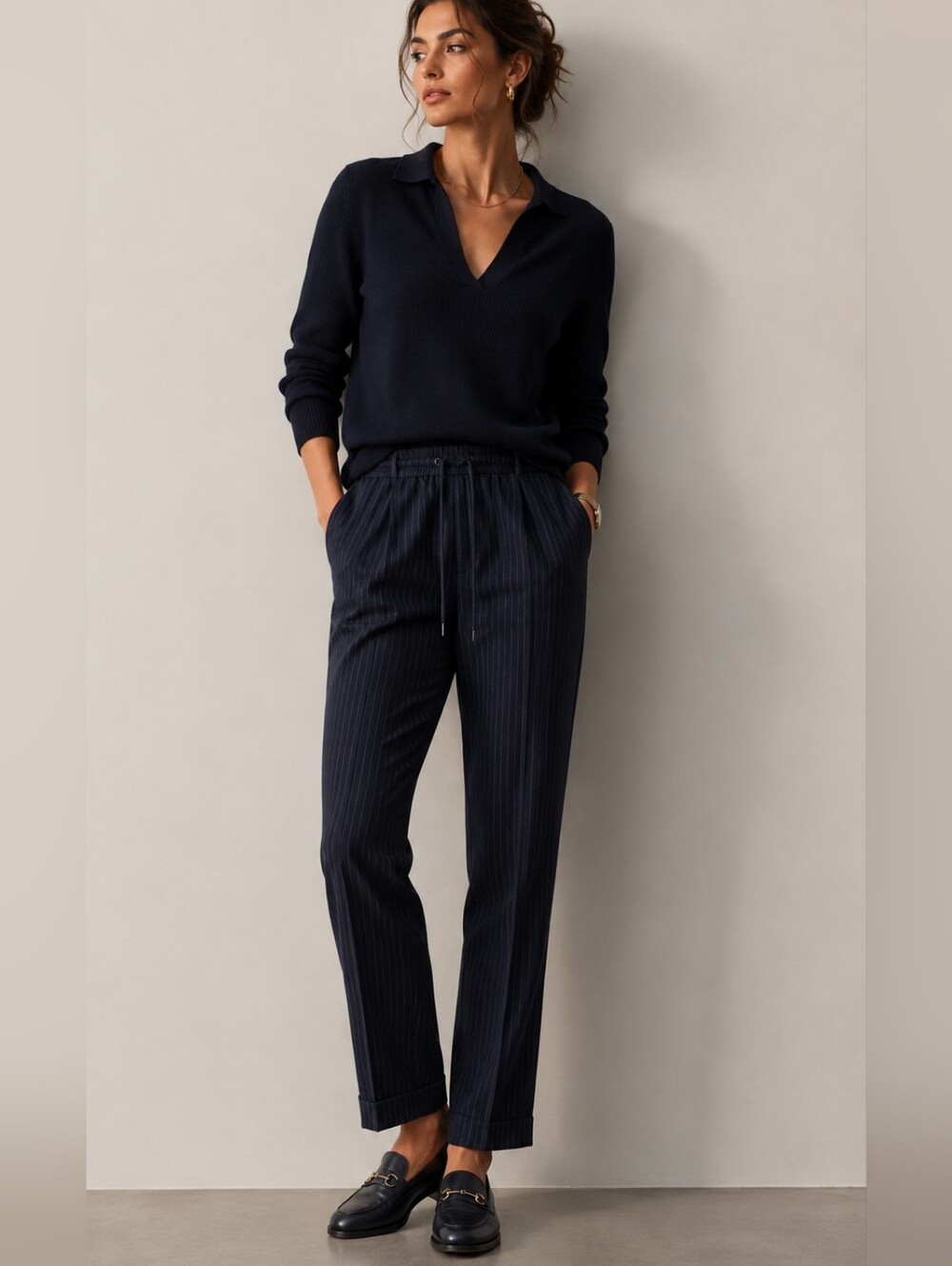 Kal Rieman Navy Pinstripe Wool‎ Trouser Drawstring Cuffed Women Medium Made USA